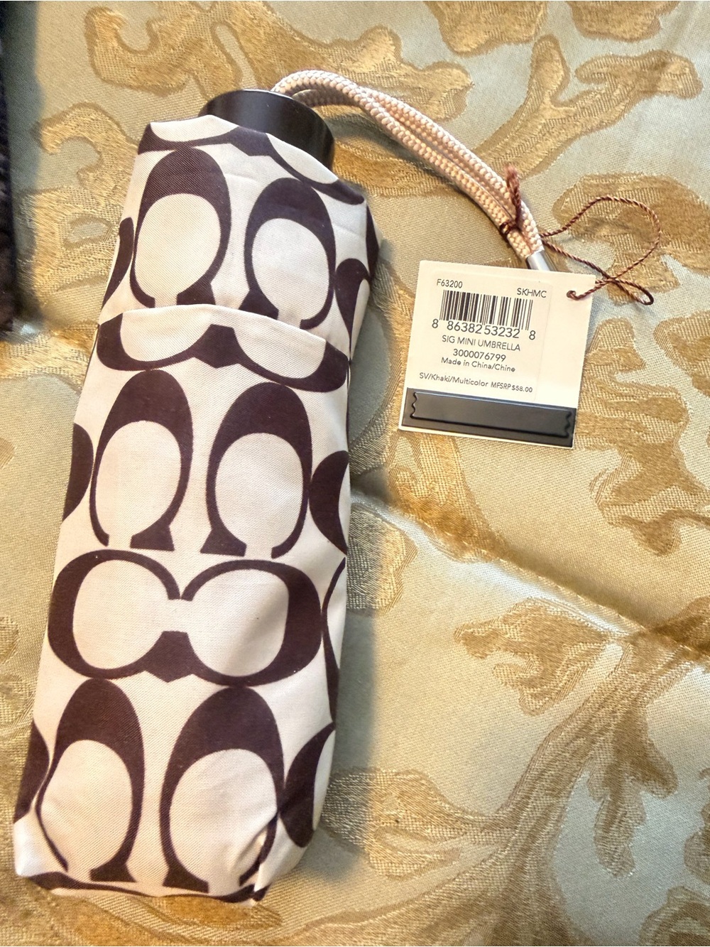 Brand New Coach Compact Foldable Umbrella in Brown & Cream Signature Print